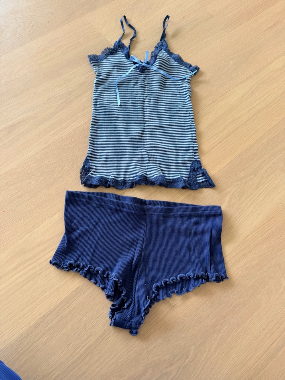La SENZA Navy & White Striped Lace-Trim Cami and Shorts Set - Picture 3 of 8